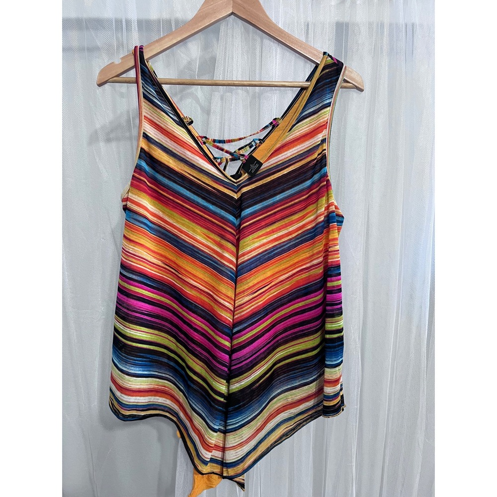Womens Multicolor Striped Lace Up V Neck Sleeveless Tank Top Blouse Large